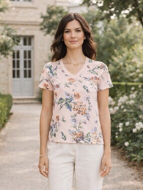 GERARD DAREL Pink Valora Floral Cotton V-Neck Top Short Sleeve Boho Feminine